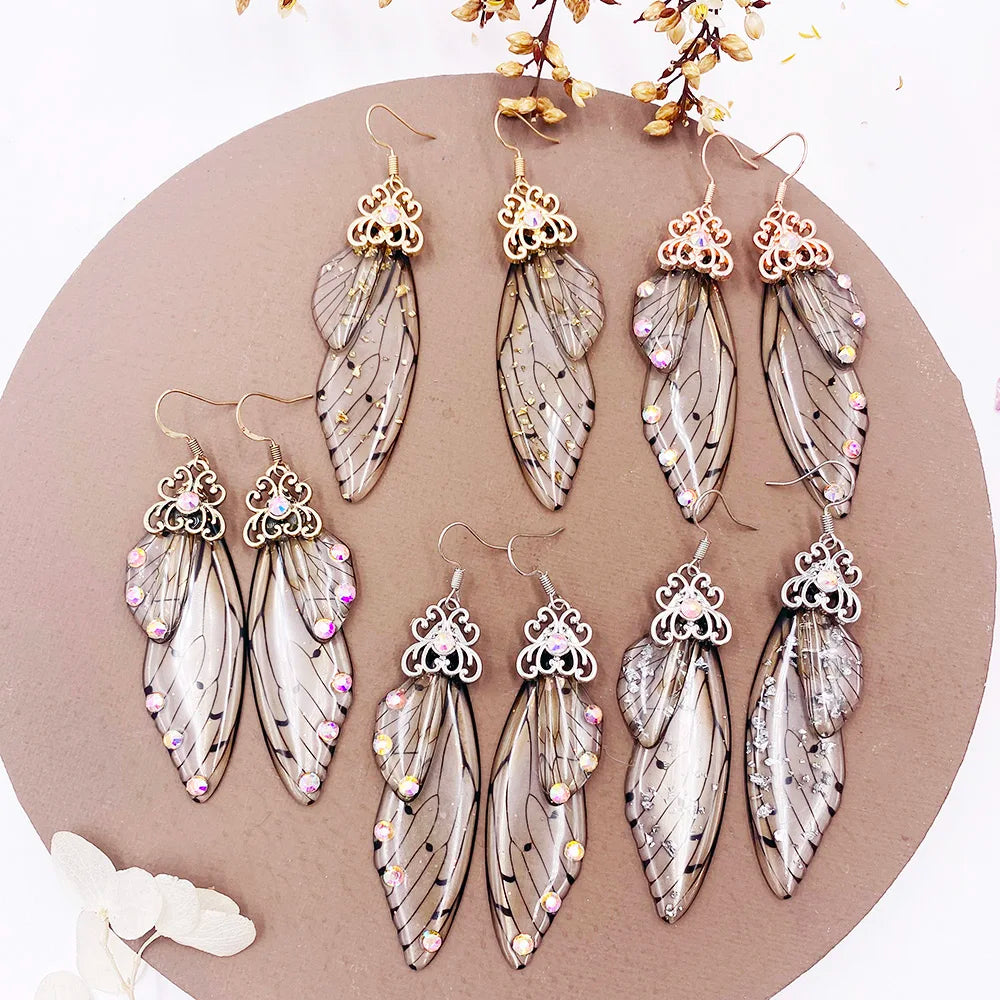 Handmade Fairy Simulation Wing Earrings Insect Butterfly Wing Drop Earrings Foil Rhinestone Earrings Romantic Bridal Jewelry