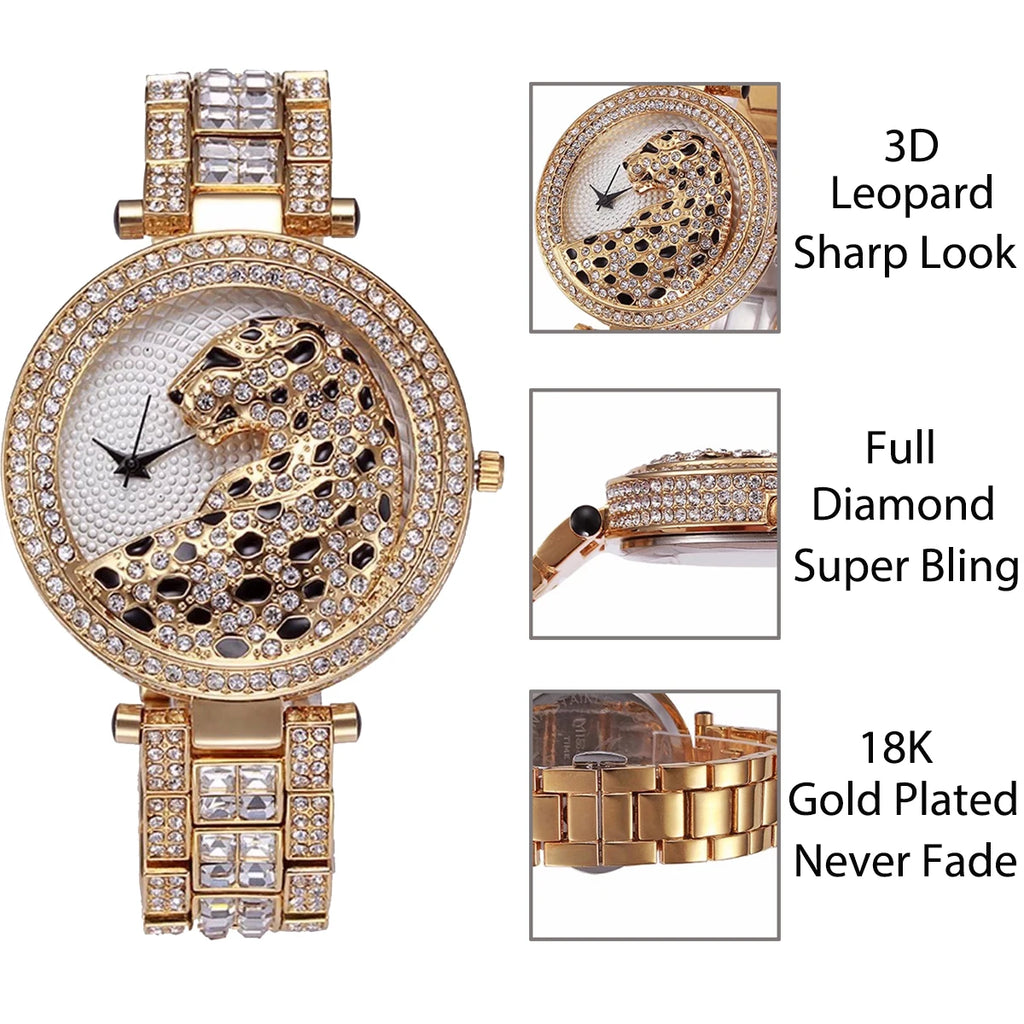 MISSFOX Women Quartz Watch Fashion Bling Casual Ladies Watch Female Quartz Gold Watch Crystal Diamond Leopard For Women Clock