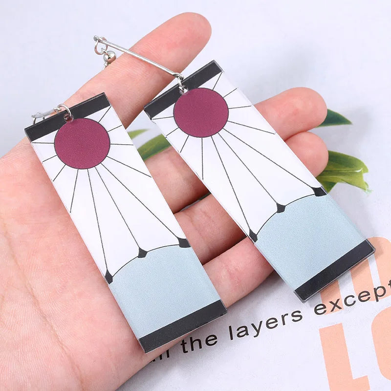 Anime Demon Slayer Kimetsu No Yaiba Kamado Tanjirou Earrings Acrylic Clip Drop Long Ear Jewelry Cosplay Props Accessories Gift