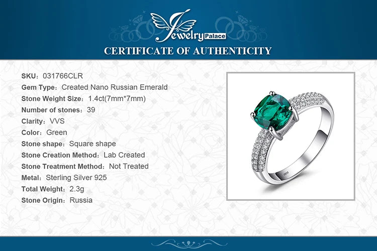 JewelryPalace Green Simulated Nano Emerald Created Ruby Ring 925 Sterling Silver Gemstone Solitaire Engagement Rings for Women