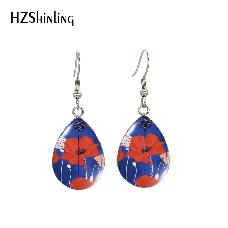 New Arrival Tear Drop Hook Earrings Poppies Glass Dome Cabochon Earrings Jewelry