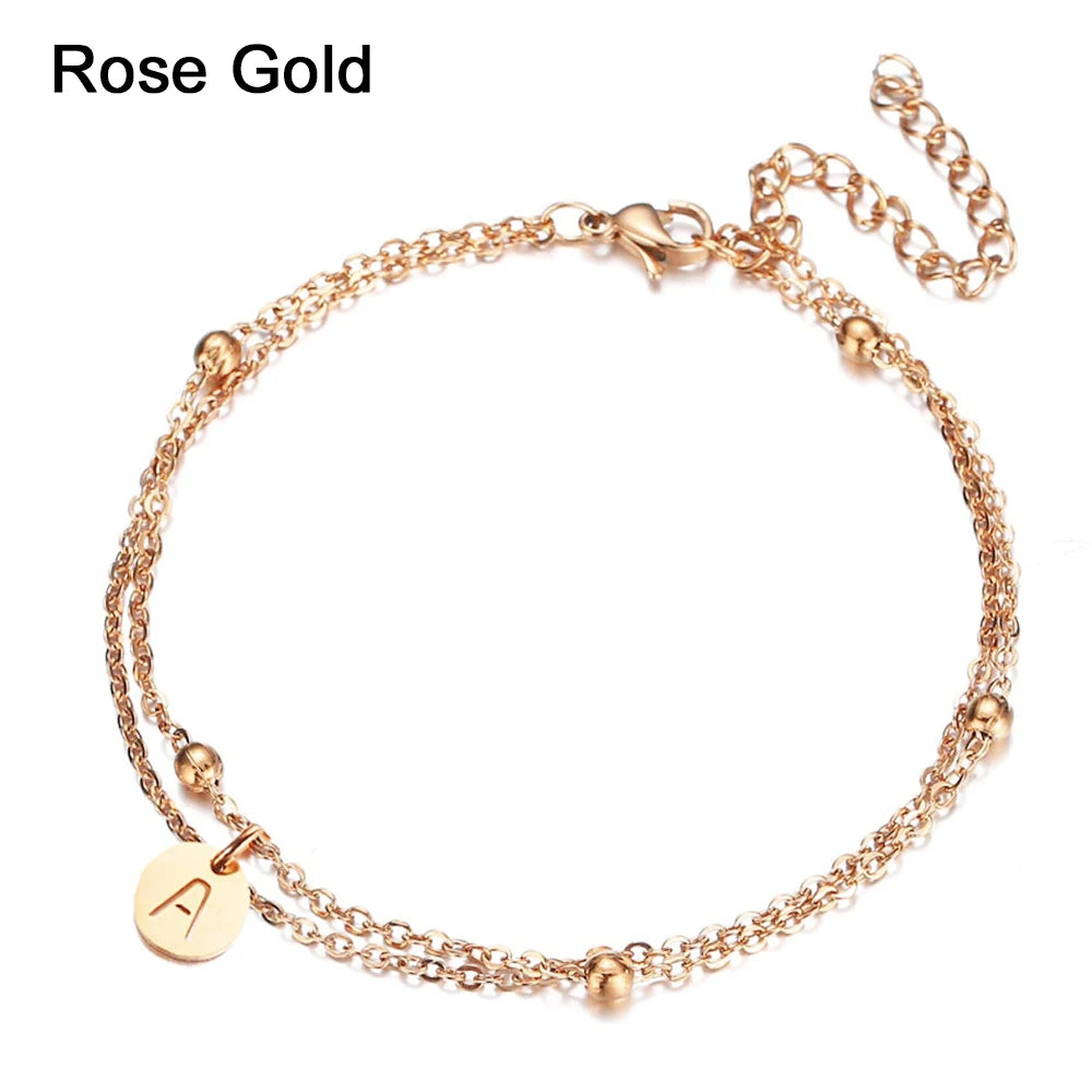 Minimalist Design Stainless Steel Disc Coin Letter Initial Bracelets For Women Multilayer Chain Alphabet Charm Bracelet Jewelry