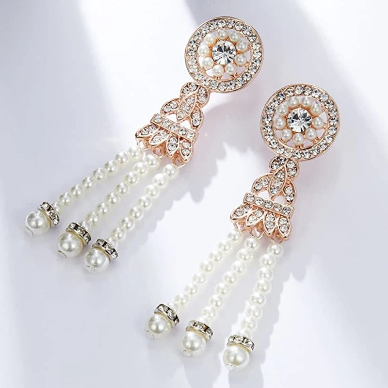1920s Flapper Earrings 20s Art Deco Great Gatsby Earring Drop Rhinestone Jewelry Accessories Vintage Party Dangle Pearl Earrings