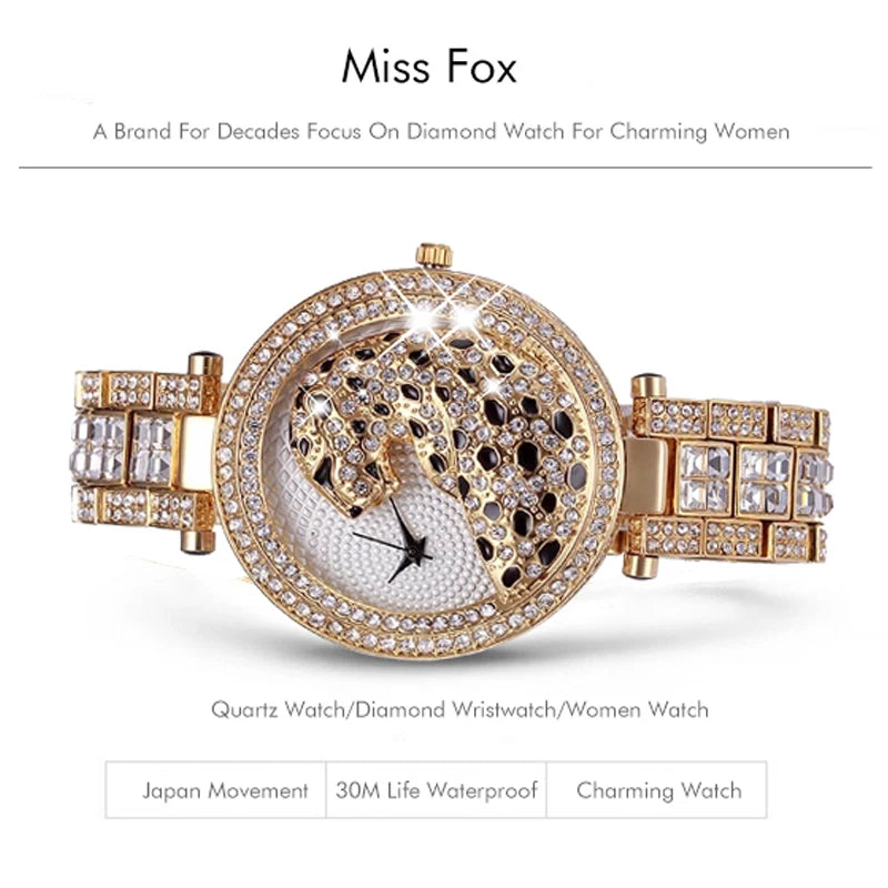 MISSFOX Women Quartz Watch Fashion Bling Casual Ladies Watch Female Quartz Gold Watch Crystal Diamond Leopard For Women Clock