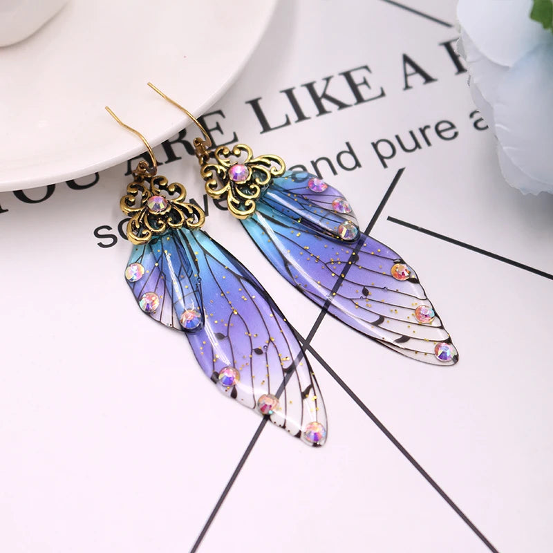 Handmade Fairy Simulation Wing Earrings Insect Butterfly Wing Drop Earrings Foil Rhinestone Earrings Romantic Bridal Jewelry