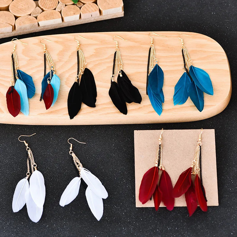 Colorful Feather Vintage Bohemian Golden Long Chain Fringed Earrings Temperament Fairy Water Drops Earrings Boho Indian Jewelry