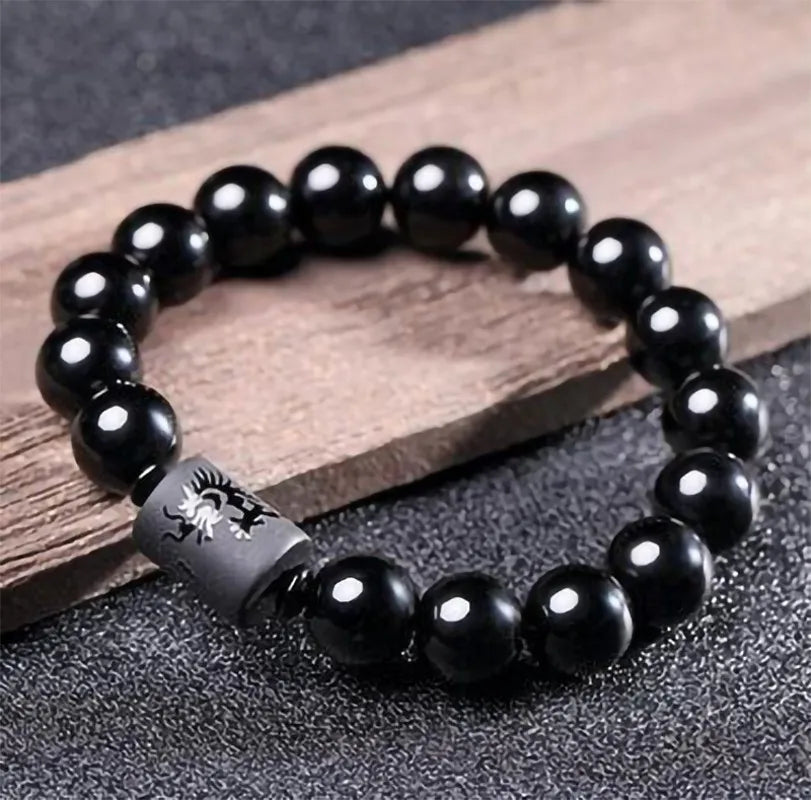 Natural Black Obsidian Carved Buddha Lucky Amulet Round Beads Strand Bracelet for Women Men Yoga Jewelry 6MM 8MM 10MM 12MM
