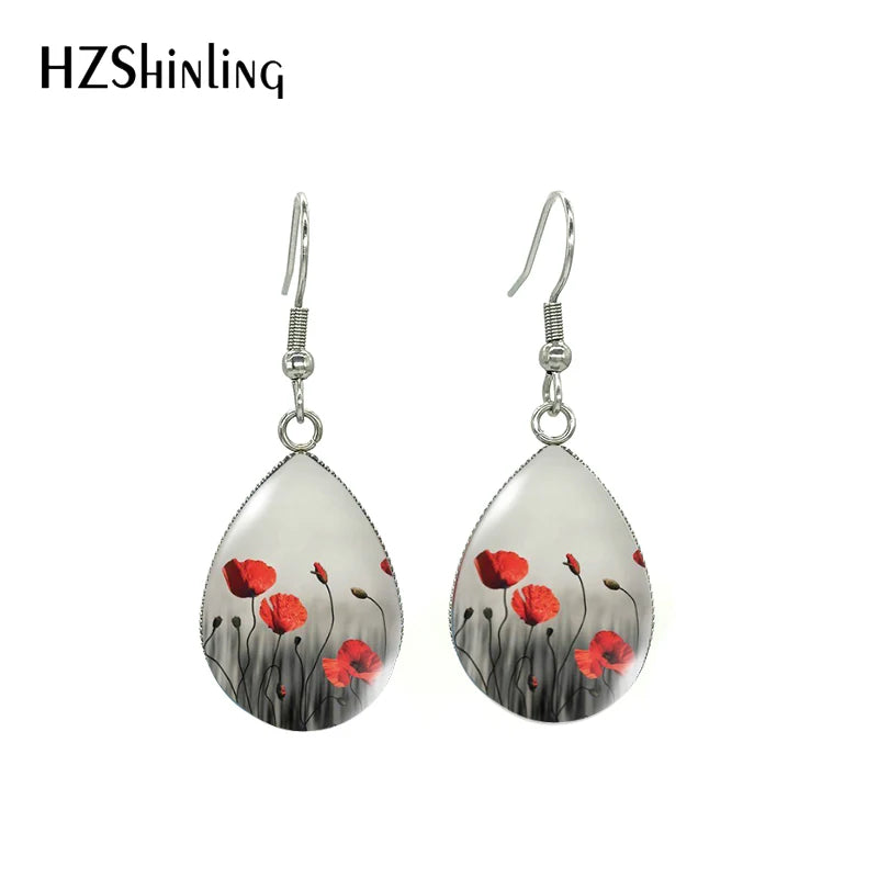New Arrival Tear Drop Hook Earrings Poppies Glass Dome Cabochon Earrings Jewelry