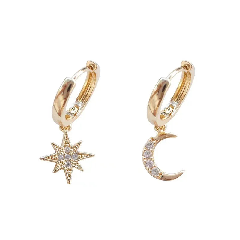 VENTFILLE 925 Sterling Silver CZ Star Moon Asymmetric Hoop Earrings for Women Girls Gold Silver Color Party Jewelry Gifts