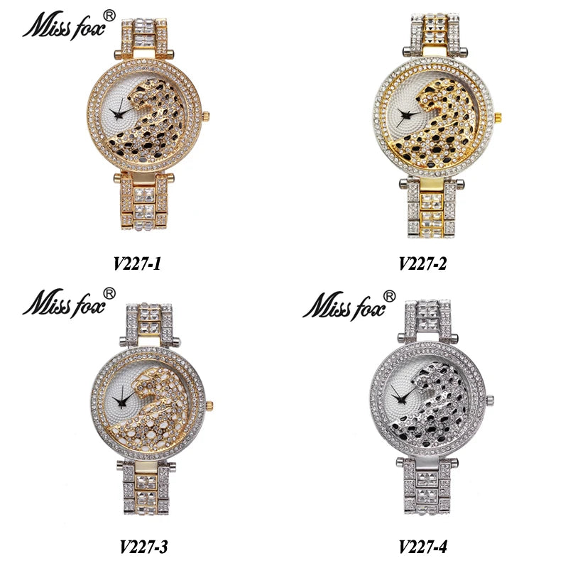 MISSFOX Women Quartz Watch Fashion Bling Casual Ladies Watch Female Quartz Gold Watch Crystal Diamond Leopard For Women Clock