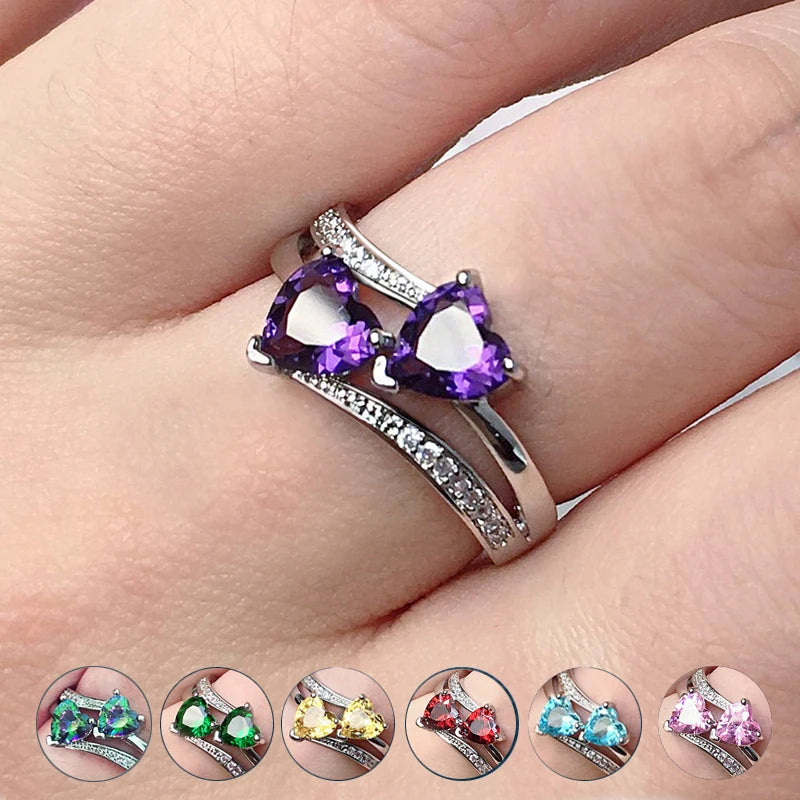 Huitan Romantic Engagement Rings For Women Double Heart Shaped Pretty Gift For Women Seven Color Cubic Zircon Available Rings