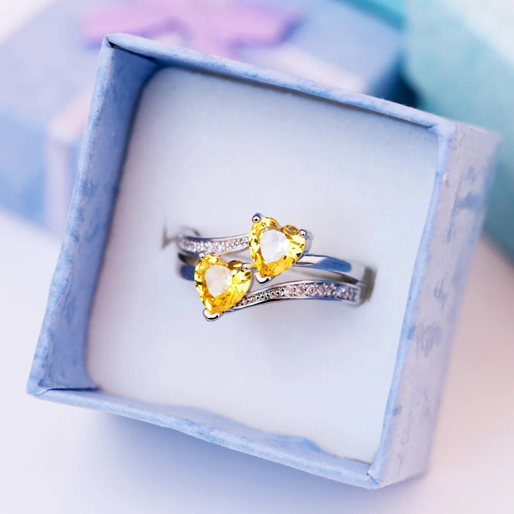 Huitan Romantic Engagement Rings For Women Double Heart Shaped Pretty Gift For Women Seven Color Cubic Zircon Available Rings