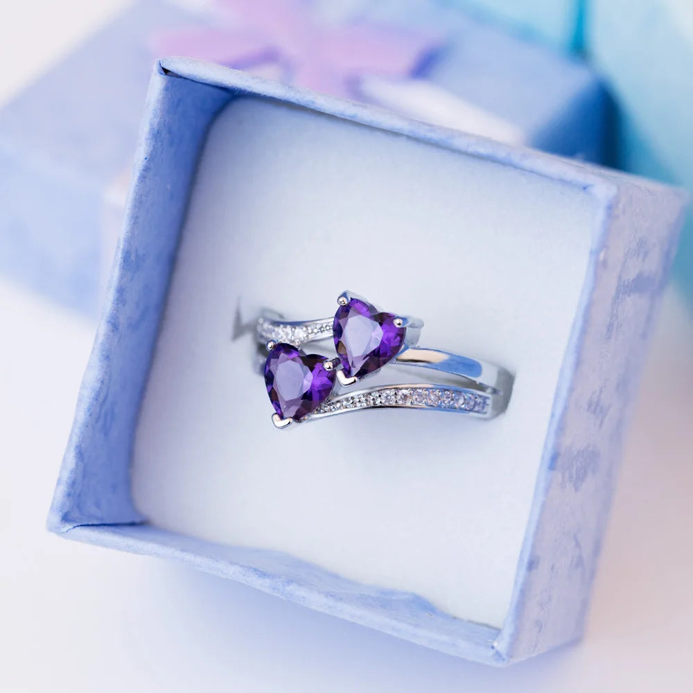 Huitan Romantic Engagement Rings For Women Double Heart Shaped Pretty Gift For Women Seven Color Cubic Zircon Available Rings