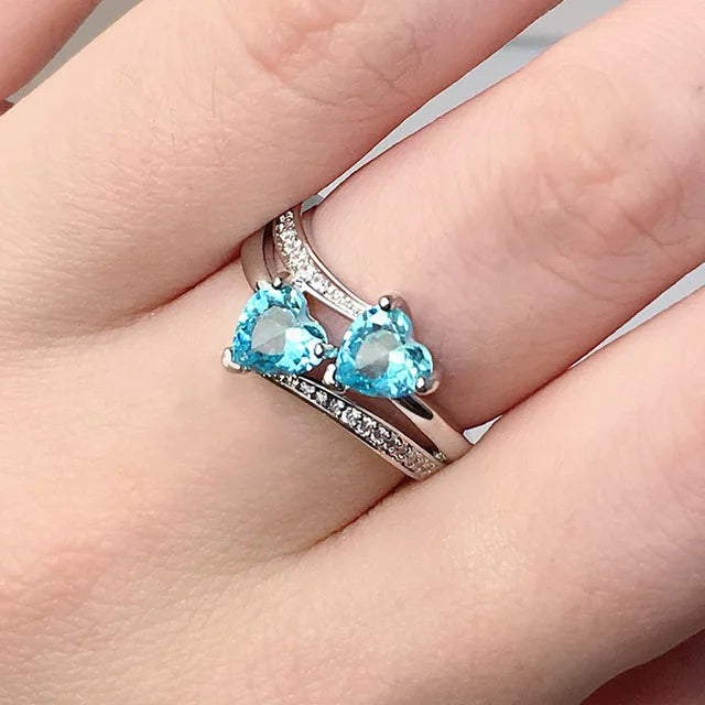 Huitan Romantic Engagement Rings For Women Double Heart Shaped Pretty Gift For Women Seven Color Cubic Zircon Available Rings