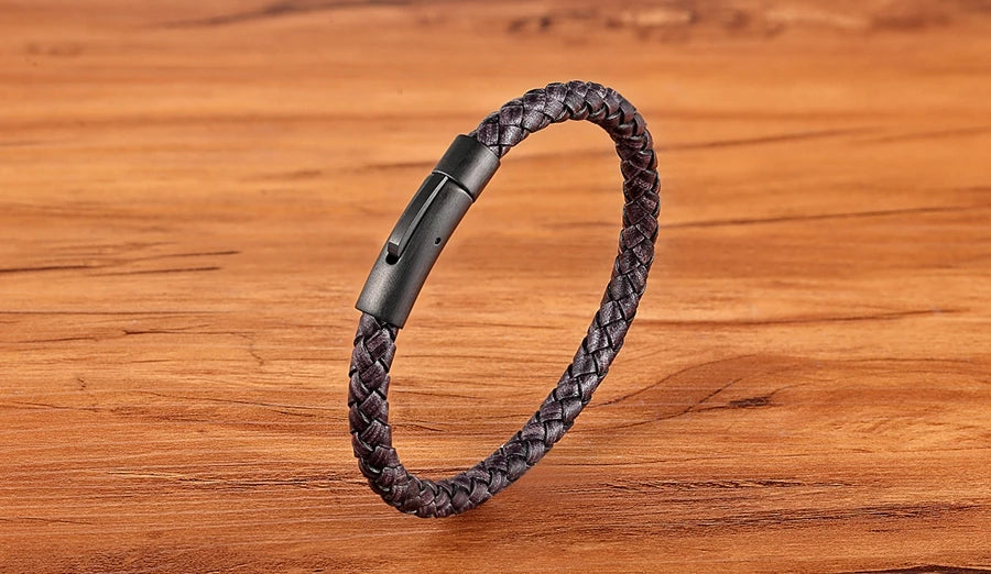 XQNI New Classic Style Men Leather Bracelet Simple Black Stainless Steel Button Neutral Accessories Hand-woven Jewelry Gifts