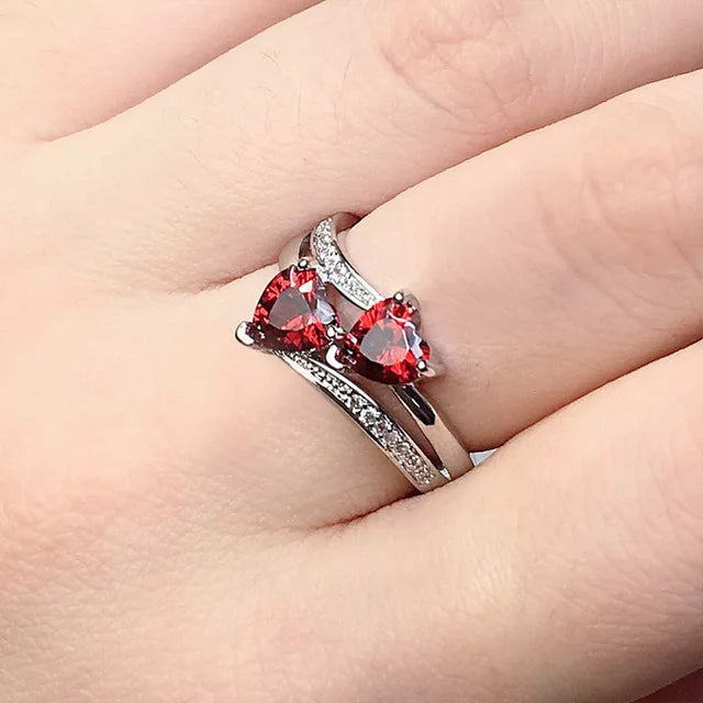 Huitan Romantic Engagement Rings For Women Double Heart Shaped Pretty Gift For Women Seven Color Cubic Zircon Available Rings