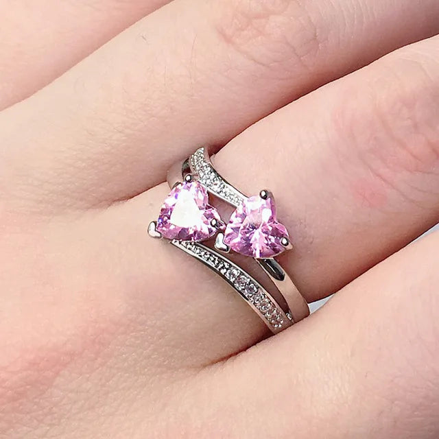 Huitan Romantic Engagement Rings For Women Double Heart Shaped Pretty Gift For Women Seven Color Cubic Zircon Available Rings