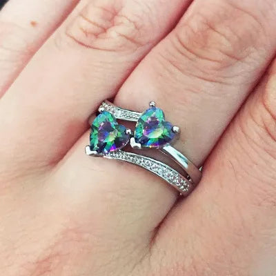 Huitan Romantic Engagement Rings For Women Double Heart Shaped Pretty Gift For Women Seven Color Cubic Zircon Available Rings