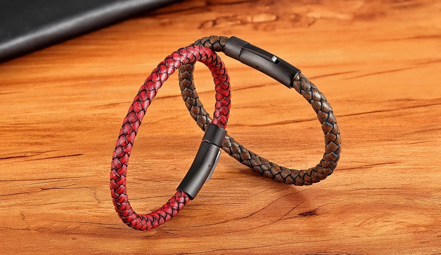 XQNI New Classic Style Men Leather Bracelet Simple Black Stainless Steel Button Neutral Accessories Hand-woven Jewelry Gifts