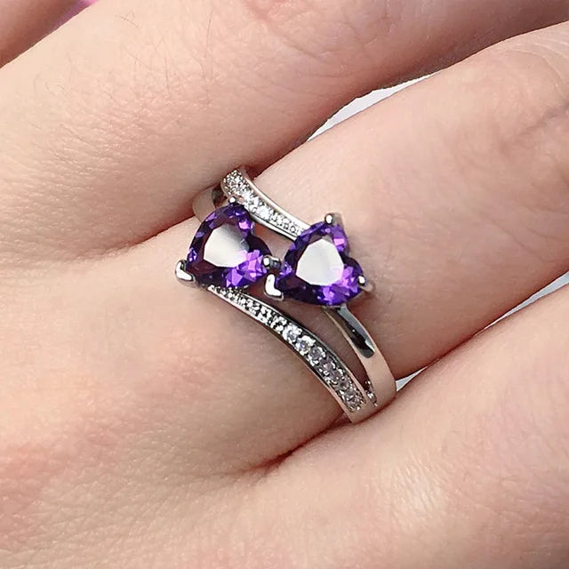 Huitan Romantic Engagement Rings For Women Double Heart Shaped Pretty Gift For Women Seven Color Cubic Zircon Available Rings