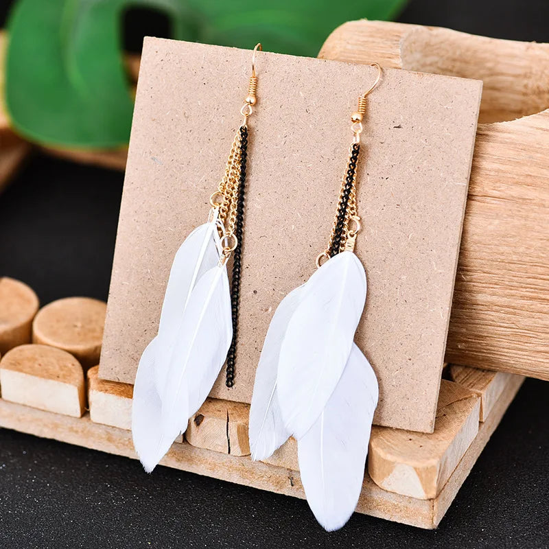 Colorful Feather Vintage Bohemian Golden Long Chain Fringed Earrings Temperament Fairy Water Drops Earrings Boho Indian Jewelry