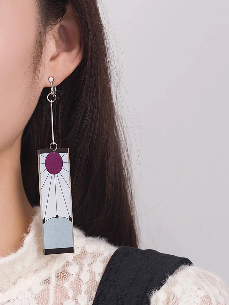 Anime Demon Slayer Kimetsu No Yaiba Kamado Tanjirou Earrings Acrylic Clip Drop Long Ear Jewelry Cosplay Props Accessories Gift