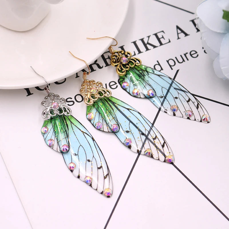 Handmade Fairy Simulation Wing Earrings Insect Butterfly Wing Drop Earrings Foil Rhinestone Earrings Romantic Bridal Jewelry