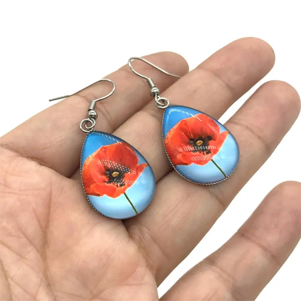 New Arrival Tear Drop Hook Earrings Poppies Glass Dome Cabochon Earrings Jewelry