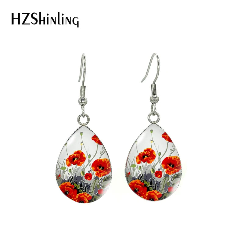 New Arrival Tear Drop Hook Earrings Poppies Glass Dome Cabochon Earrings Jewelry