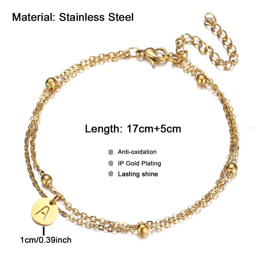 Minimalist Design Stainless Steel Disc Coin Letter Initial Bracelets For Women Multilayer Chain Alphabet Charm Bracelet Jewelry