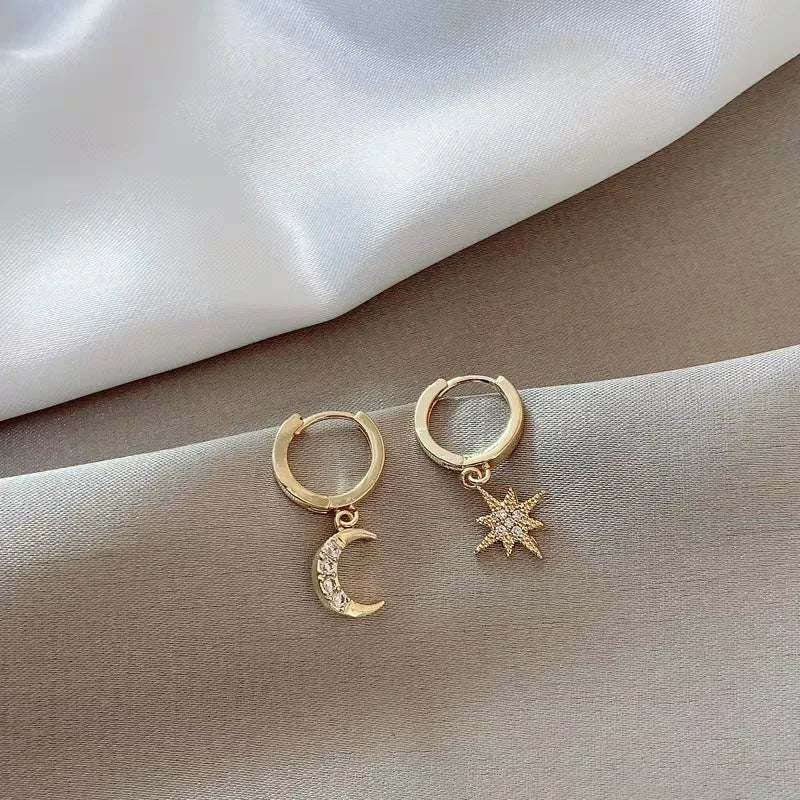 VENTFILLE 925 Sterling Silver CZ Star Moon Asymmetric Hoop Earrings for Women Girls Gold Silver Color Party Jewelry Gifts