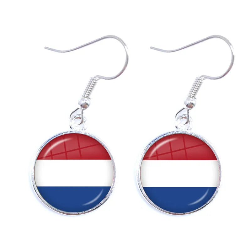 Soviet Union,Brazil,Canada,Netherlands,Israel,Syria,Venezuela,United States,Spain National Flag Glass Cabochon Drop Earrings