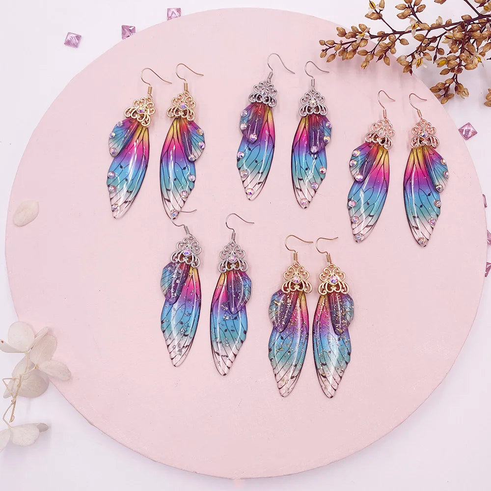 Handmade Fairy Simulation Wing Earrings Insect Butterfly Wing Drop Earrings Foil Rhinestone Earrings Romantic Bridal Jewelry