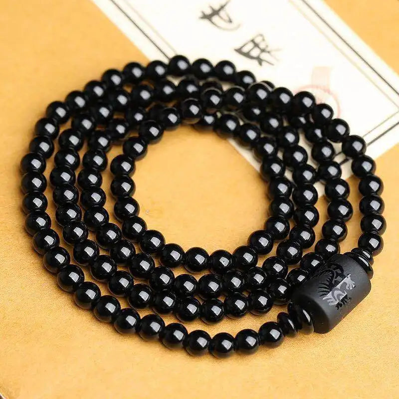 Natural Black Obsidian Carved Buddha Lucky Amulet Round Beads Strand Bracelet for Women Men Yoga Jewelry 6MM 8MM 10MM 12MM
