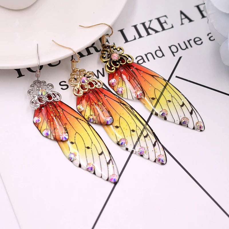 Handmade Fairy Simulation Wing Earrings Insect Butterfly Wing Drop Earrings Foil Rhinestone Earrings Romantic Bridal Jewelry