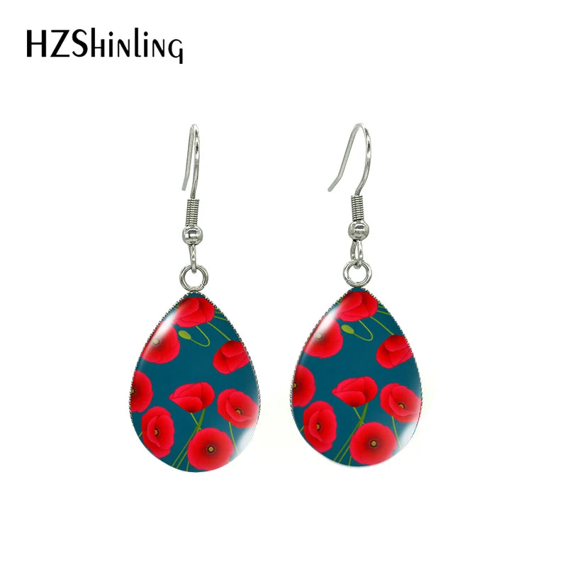New Arrival Tear Drop Hook Earrings Poppies Glass Dome Cabochon Earrings Jewelry