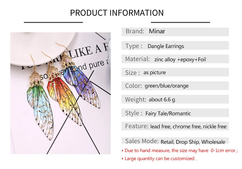 Handmade Fairy Simulation Wing Earrings Insect Butterfly Wing Drop Earrings Foil Rhinestone Earrings Romantic Bridal Jewelry