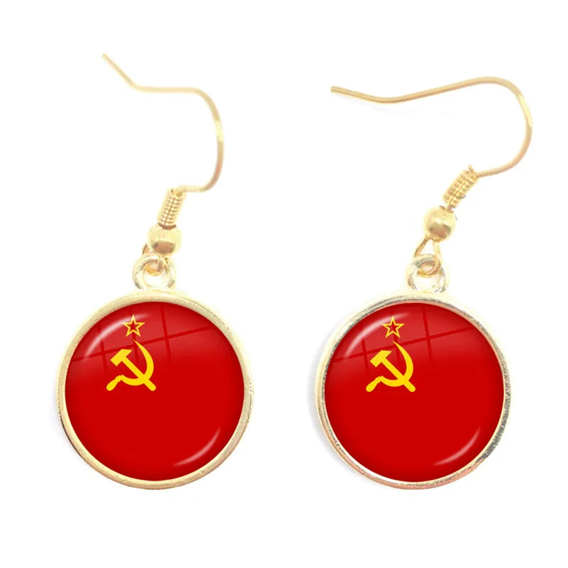 Soviet Union,Brazil,Canada,Netherlands,Israel,Syria,Venezuela,United States,Spain National Flag Glass Cabochon Drop Earrings