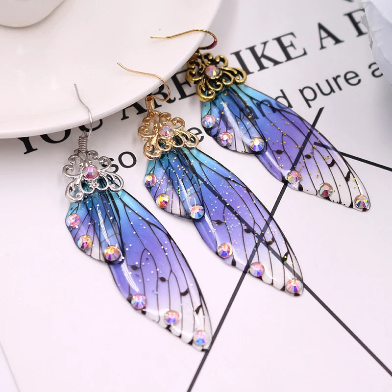 Handmade Fairy Simulation Wing Earrings Insect Butterfly Wing Drop Earrings Foil Rhinestone Earrings Romantic Bridal Jewelry
