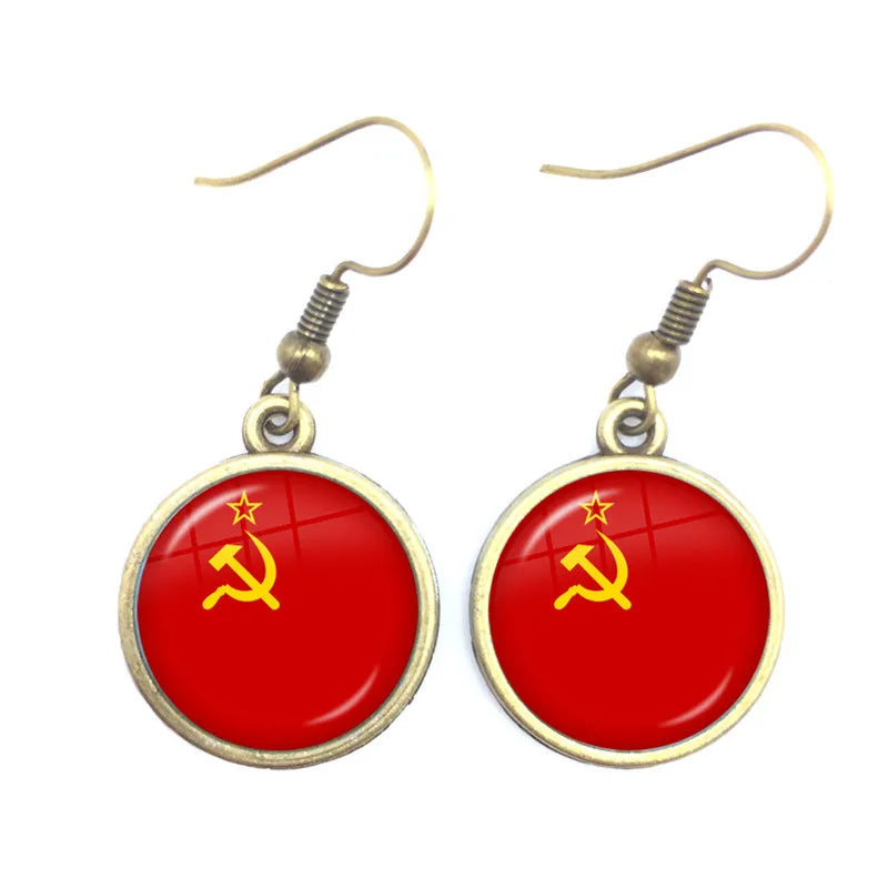 Soviet Union,Brazil,Canada,Netherlands,Israel,Syria,Venezuela,United States,Spain National Flag Glass Cabochon Drop Earrings
