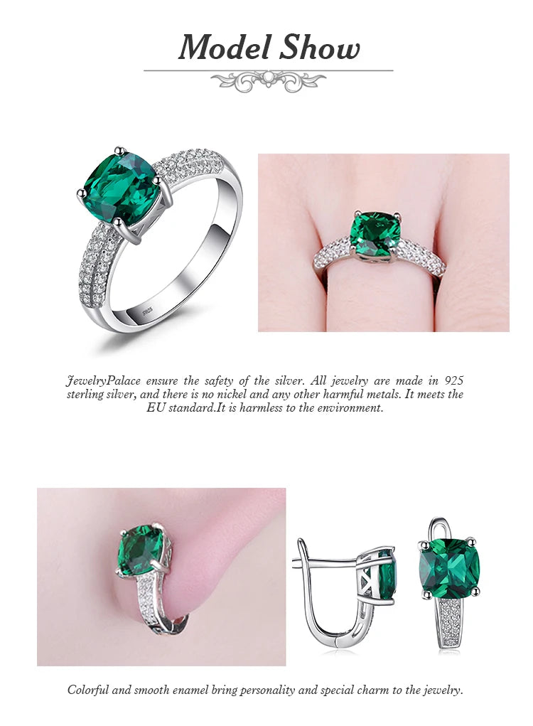 JewelryPalace Green Simulated Nano Emerald Created Ruby Ring 925 Sterling Silver Gemstone Solitaire Engagement Rings for Women