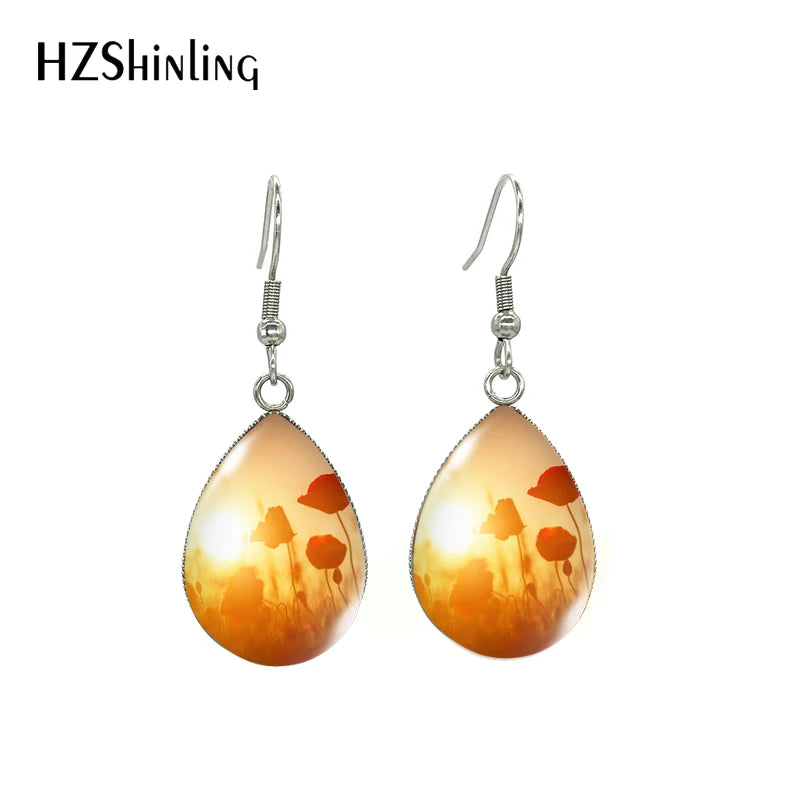 New Arrival Tear Drop Hook Earrings Poppies Glass Dome Cabochon Earrings Jewelry