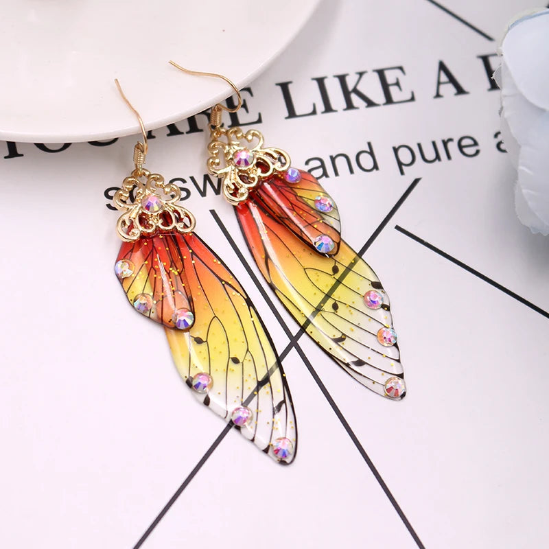 Handmade Fairy Simulation Wing Earrings Insect Butterfly Wing Drop Earrings Foil Rhinestone Earrings Romantic Bridal Jewelry