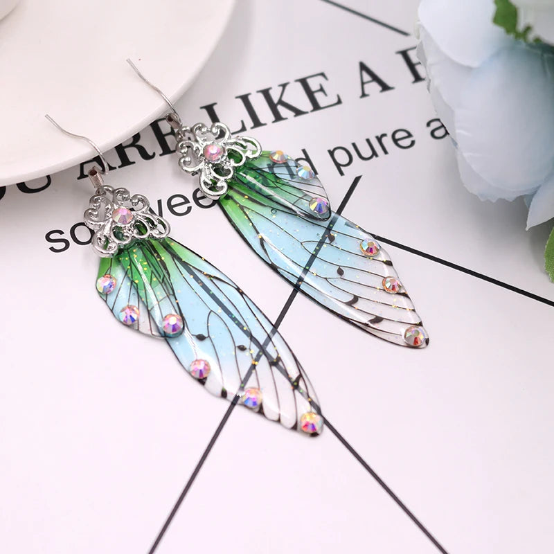 Handmade Fairy Simulation Wing Earrings Insect Butterfly Wing Drop Earrings Foil Rhinestone Earrings Romantic Bridal Jewelry