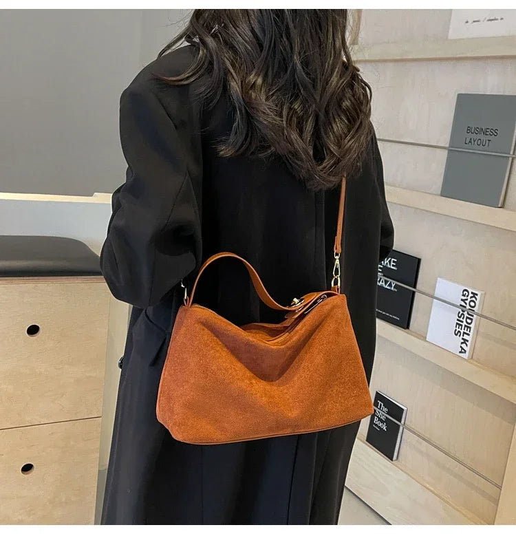 New Solid Color PU Zipper Women's Bag Suede Large Capacity Women's Shoulder Bag Fashion Versatile Casual Dual Purpose Handbag