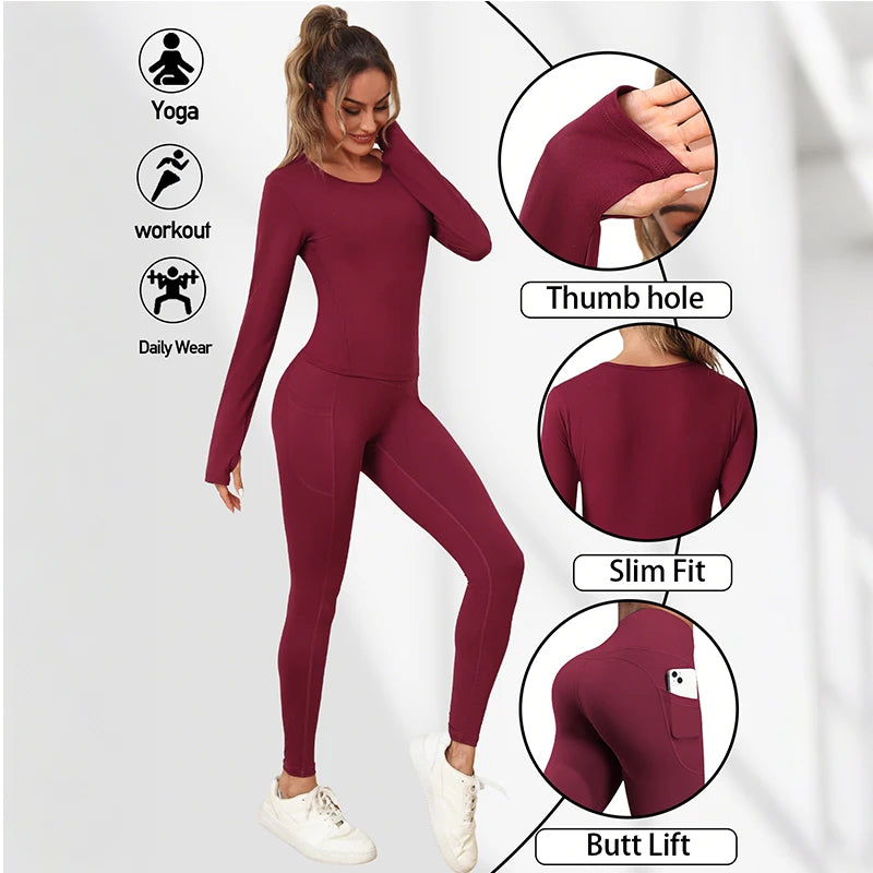 Women's Yoga Set Solid Color Round Neck Long Sleeve Sports Top Butt-Lifting Tummy-Control Pocket Leggings Outdoor Workout Set