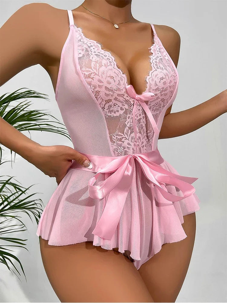 Sexy Lingerie for Women Transparent Porno Teddy Costumes Babydoll Lace Dress Plus Size Underwear Open Bra Sleepwear Lingerie