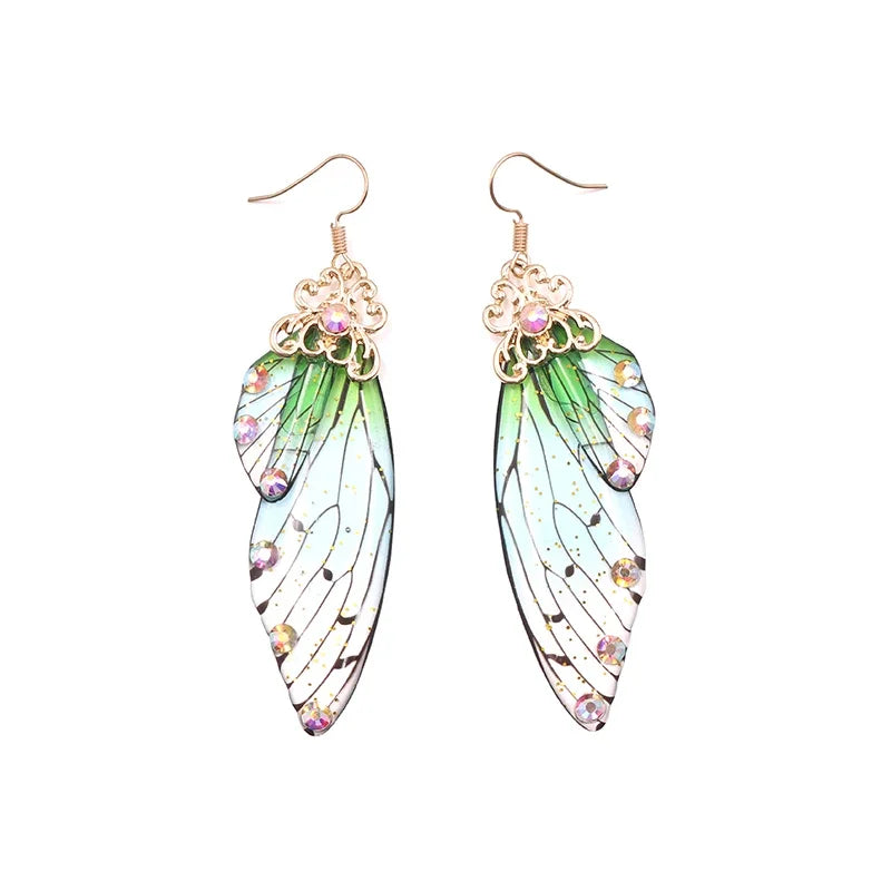 Handmade Fairy Simulation Wing Earrings Insect Butterfly Wing Drop Earrings Foil Rhinestone Earrings Romantic Bridal Jewelry