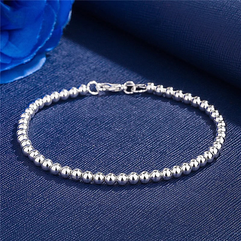 925 Sterling Silver Plated 4MM  Beads Ball Chain Bracelet For Women Men Fashion Jewelry elegant Jewelry Birthday Gift for women