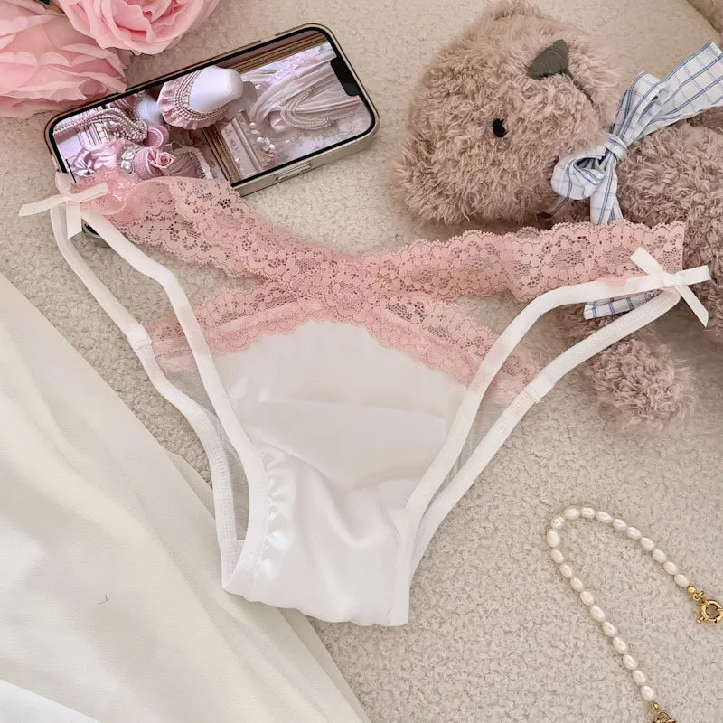 Cross Belt Lace Transparent Sexy Women's Underpants Low Waist Mesh Hollowed Bow Panties Cotton Crotch Breathable Briefs Lingerie